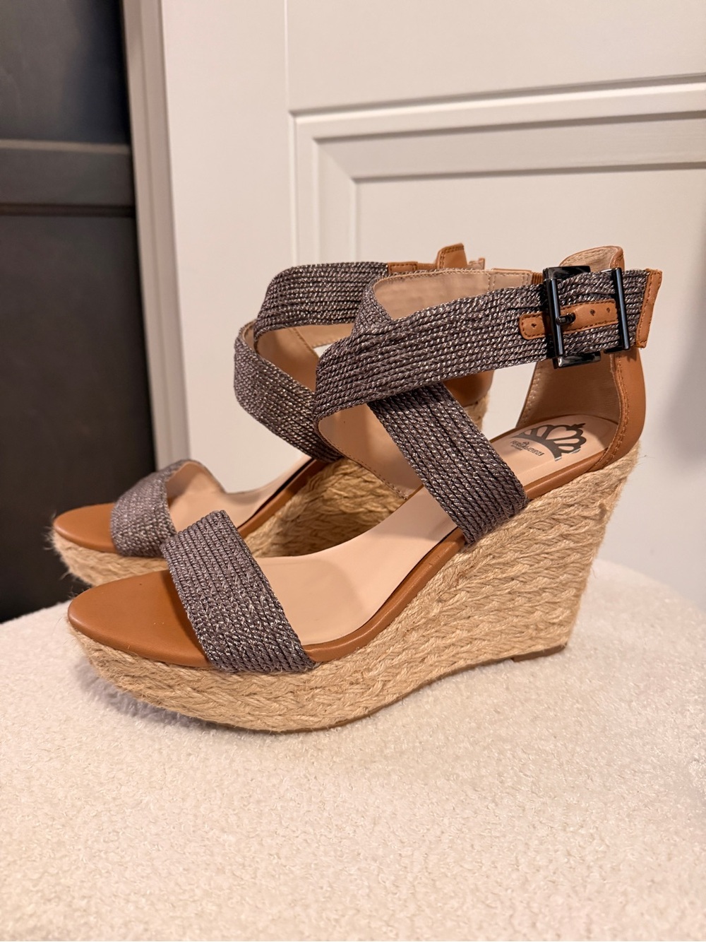 Fergalicious Wedge Espadrille Sandals with Metallic Gray Straps